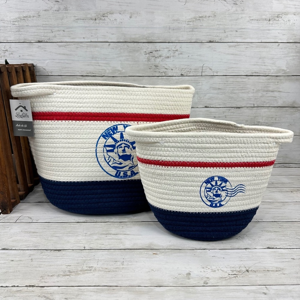 2 Pack Woven Baskets Cotton Rope Storage Baskets w Handles New York Red Wht blue